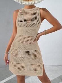 Breezaya Women's Vacation Solid Color Round Neck Side Slit Hollow-Out Hem Cover-Up Dress, For Summer Beach