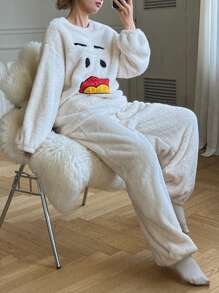 DAZY Plush Cute Emoticon Pattern Warm Pajama Set For Winter - White - View 5