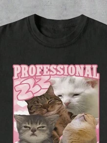 INAWLY Funny Cat Women Crew Neck T-Shirt - Black - View 3