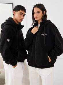 Manfinity VCAY Unisex Thickened Granular Wool Loose Raglan Hooded Zip-Up Jacket Coat, Suitable For Autumn/Winter, Grunge - Black - View 4