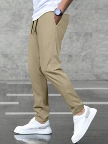Manfinity Homme Men's Solid Color Casual Simple Fashion Trousers, Daily Wear, Fall - Khaki - View 6