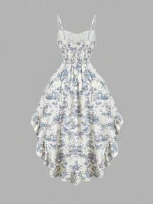 SHEIN MOD Plus Size Summer V-Neck Ruffle Hem Waist Drawstring Front Short Back Long Vintage Floral Print Dress,Beach Dress Sundress,Holiday Outfits Boho,Birthday Dresses For Women - Blue and White - View 2