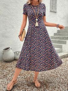 EMERY ROSE Đầm midi cổ tròn tay ngắn họa tiết hoa ngày lễ dành cho nữ - Nhiều màu - Xem 7