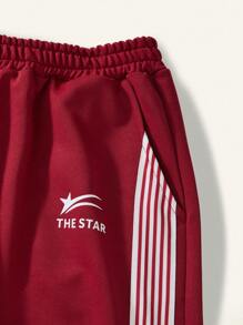 SHEIN 1 pieza Pantalón de chándal con 4 rayas rojas de estilo deportivo para adolescentes, nuevo diseño
