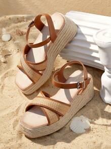 Styleloop Women High Platform Waterproof Peep Toe Strap Wedge Sandals - Khaki - View 3