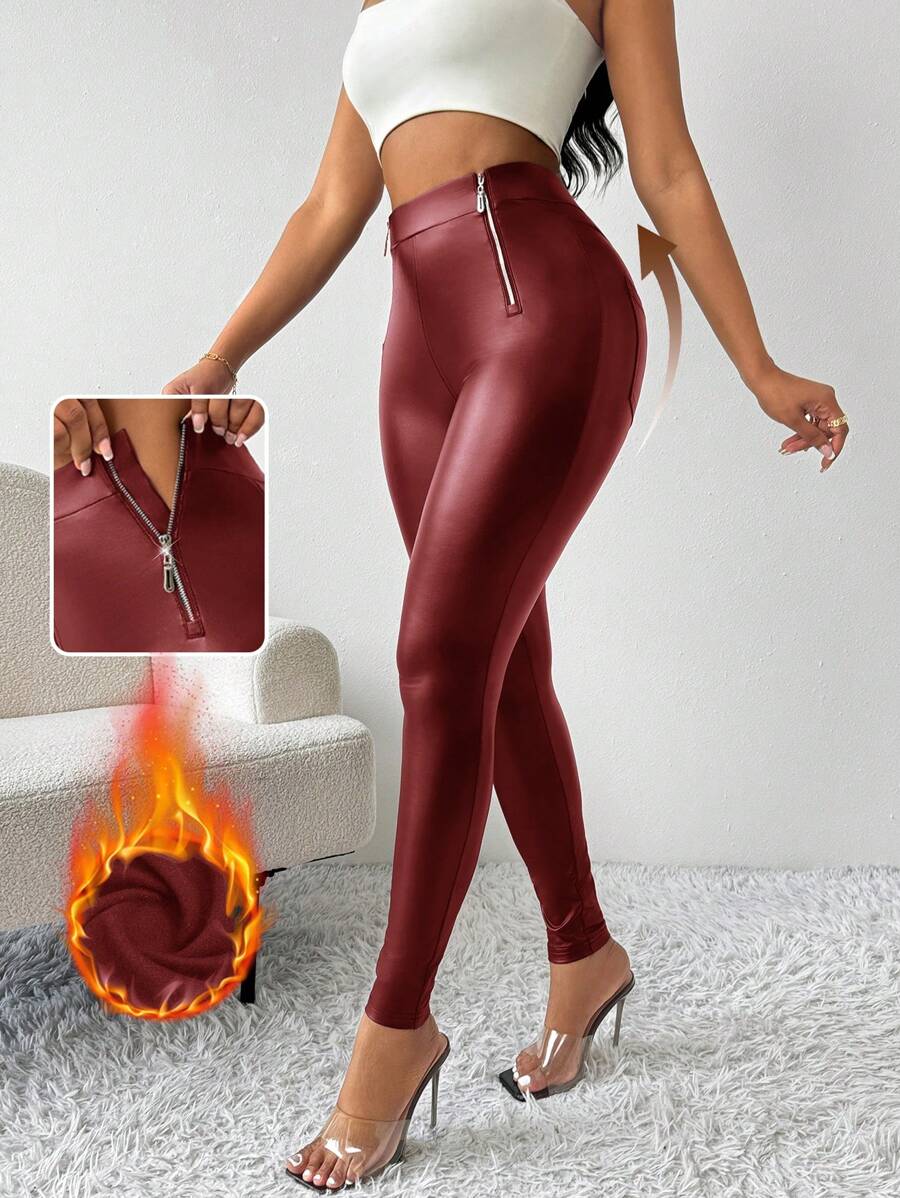 SHEIN Lady 女士黑色纯色高腰拉链长裤修身皮裤返校节黑色皮裤 - 酒紅色 - 查看 1