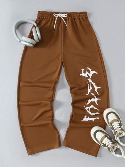 SHEIN Explorewe 1pc Printed Casual Sweatpants For Teenage Boys, Brown Color