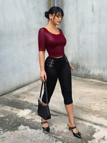 SHEIN SXY Quần lửng nữ dáng ôm, kiểu dáng thường ngày, có lỗ xỏ dây và khóa cài, màu đen, quần legging nữ. - màu đen - Xem 5