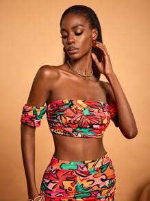 Sylvia Mollie Designer Boho Bohemian Women's Multicolor Spring Summer Colorful Floral Print Ruffled Cropped Bandeau Off Shoulder Top Holiday Party, Vacation, Going Out, Festival, Ibiza Fits