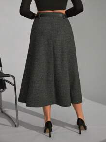EURMUSE Women's Patterned Belted Long Wool Grey Skirt