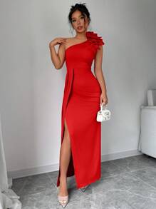 Rafferiza Vestido elegante de diseño de flor tridimensional con hombro asimétrico y sin mangas, vestido largo con contraste de volantes, abertura en el muslo y cuello asimétrico ajustado para fiesta, vestidos largos lisos y ajustados de color rojo para mujer, prendas para primavera/verano, atuendo para fiesta/discoteca para ropa de Año Nuevo - Rojo - Ver 4