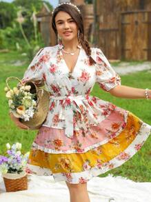 SHEIN LUNE Damen Große Größen Boho Blume Muster V-Ausschnitt Ballonärmel elegantes kurzes Kleid, für den Sommer - Verschiedenfarbig - Übersicht 4