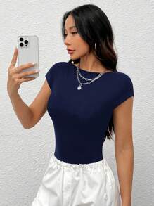 SHEIN PETITE 女士纯色露背紧身衣，性感又贴身 - 藏蓝色 - 查看 5