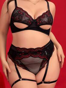 ROMWE Goth Plus Size Gothic Rose Embroidery Underwire Bra, Triangle Panty & Garter Belt 3-Piece Sexy Lingerie Set