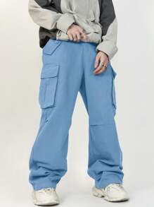 Chillumni Loose Fit Men Flap Pocket Side Cargo Pants - Baby Blue - View 4