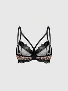 ROMWE Grunge Punk Women Leopard Print & Contrast Lace Underwire Bra, Casual For Vacation - Multicolor - View 2