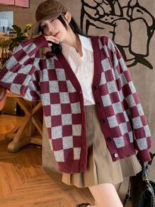DAZY Checkerboard Pattern Women's Casual Cardigan,Fall Clothes - Burgundy - View 11