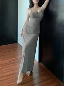 DAZY 蝴蝶结装饰圆点褶饰腰部设计紧身睡袍女士睡衣 - 灰色 - 查看 3