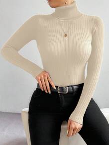 Chiquease Blusa de cuello alto de unicolor de manga larga, informal y acanalada, suéter de punto para uso diario en otoño e invierno - Albaricoque - Ver 5