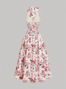 SHEIN MOD 女式复古花卉印花褶饰腰部优雅挂脖中长连衣裙、女士度假装、女士夏季装、女士西部装、乡村装、海滩度假装、情人节装、女士波西米亚风连衣裙、女士夏季连衣裙