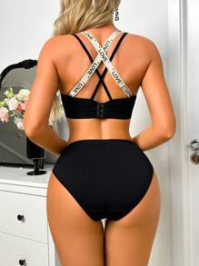 2 件套休闲运动编织肩带后背交叉可拆卸罩杯无缝内衣套装