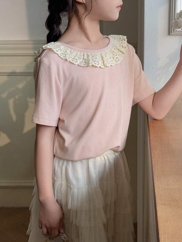 Tween Girl Round Neck Lace Patchwork Knit Short Sleeve T-Shirt, Fall Clothes,Back To School Clothes