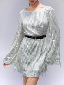 GENKIRA Classy Party Chic Loose Tassel Sequin Batwing Sleeve Mini A-Line Dress For Women Fall Cloth For Women - Beige - View 6