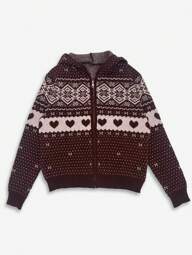 Sweetra 귀여운 빈티지 두꺼운 눈송이 프린트 후드 가디건, 가을과 겨울에 적합