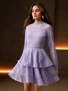 Anewsta Elegant Lace Waist-Cinched Round Neck Ruffle A-Line Short Dress, Lavender - Mauve Purple - View 6