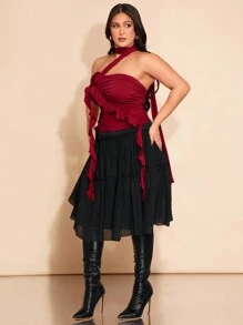 SHEIN BAE Plus Size Women's Black Pleated A-Line Skirt, Suitable For Date, Valentine's Day, Party, Fitted, Plain, Basic Women Clothes, Summer, Tight, Easter, Spring