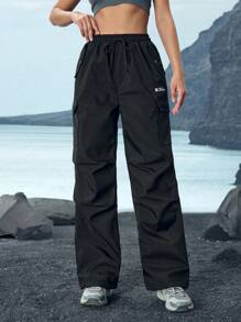 In My Nature Pantalones cargo holgados con impresión de letras, cintura con cordón y bolsillos para mujer