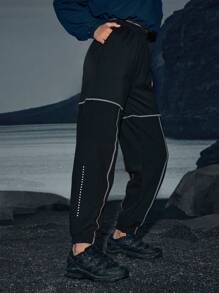 In My Nature 女士弹性腰部侧条纹户外运动裤 - 黑色 - 查看 6