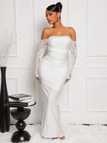 SHEIN SXY 性感蕾丝拼布露肩缎面连衣裙 - 白色 - 查看 7