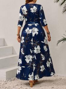 EMERY ROSE Vestido casual de manga larga con escote en V y estampado floral para tallas grandes - Azul Marino - Ver 2