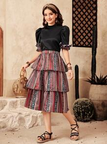 SHEIN Teen Girl Black Stand Collar Gigot Sleeve Ruched Shirt And Geometric Print Layered Ruffle Hem Skirt 2pcs Set, Suitable For Spring/Summer - Multicolor - View 4