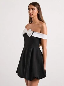 Glamine Vestido con lazo en la cintura, escote asimétrico y contraste de color, top tubo negro de primera calidad, falda tutú - Negro - Ver 6