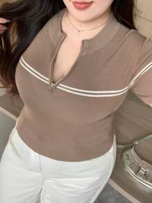 Dazy Plus Áo dệt kim cổ bẻ nửa khóa kéo dáng rộng, cỡ lớn, thích hợp cho mùa xuân, mùa hè, dành cho giáo viên. - Màu Khaki - Xem 4