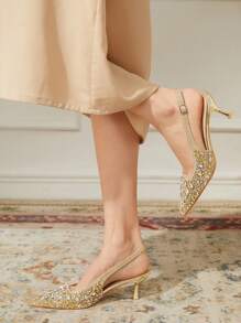 CUCCOO TILAWA Women's Gold Crystal Rhinestone Pointed Toe Hollow High Heel Wedding Sandals