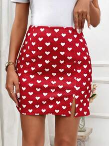 SHEIN LUNE 情人节春季迷你裙，心形印花，开衩下摆，合身优雅约会裙 - 紅白色 - 查看 2