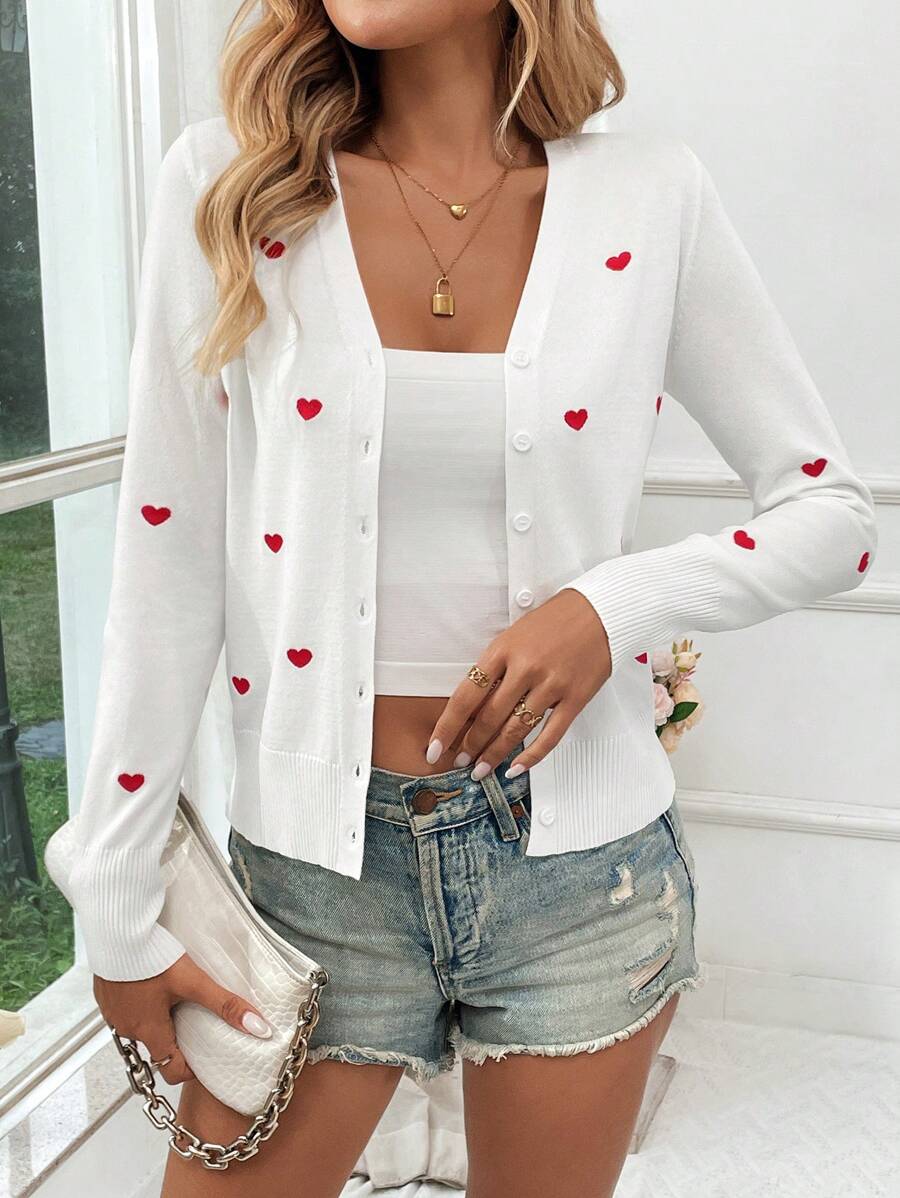 SHEIN LUNE Heart Women Sweater Valentines Clothes Women's Spring Thin Cardigan With Heart Print, Romantic, White For Valentine's Day In Fall/Winter - White - View 1