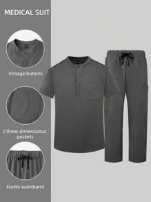 Manfinity Homme Set de 2 piezas de uniforme médico con camisa de manga corta de botones delanteros de unicolor con bolsillo y pantalón largo para hombres
