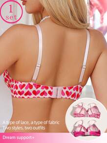 DesireSculpt 2pcs/Set Women's Fashion Heart Print Underwire Lingerie Bra Set