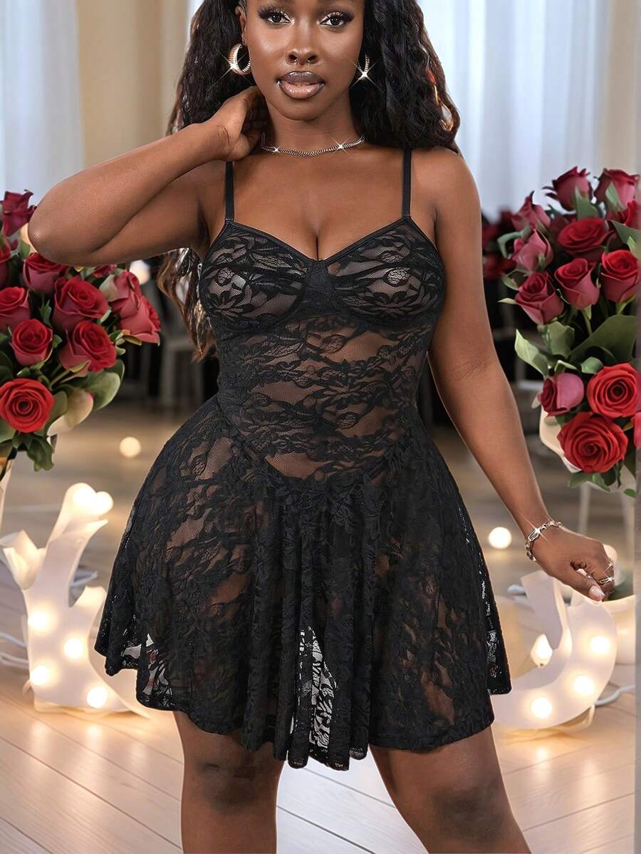 Slaydiva Women Sexy Lace Dress, Suitable For Date, Party, New Year, Valentine's Day, Casual Wear, All Season - Black - View 1