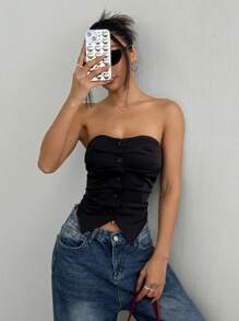 SHEIN EZwear Women Single-Breasted Pleated Black Woven Camisole Top - Black - View 4