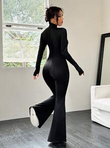 SHEIN EZwear Women's Solid Color Skinny Flare Leg Jumpsuit, Spring/Fall - Black - View 2