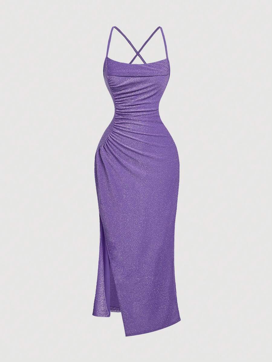 SHEIN MOD Đầm bó sát màu tím xẻ tà sang trọng viền nhún cho nữ - Màu tím - Xem 1
