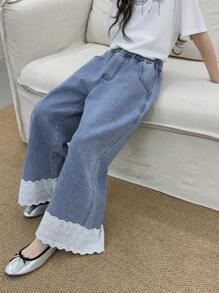 DAZY Blugi cu picior larg, casual, de culoare solidă, pentru fete preadolescente, haine pentru întoarcerea la școală - Albastru - Vizualizare 7