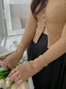 DAZY Solid Color Textured Long Sleeve V-Neck Elegant Resort Blouse For Women, Spring/Summer,Fall Clothes