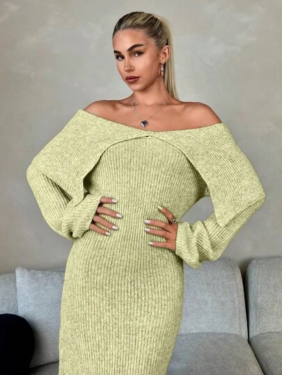 Roylia Women Off Shoulder Long Sleeve Slim Fit Dress, Minimalist