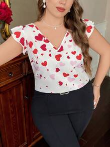 SHEIN Privé Bluzka z dekoltem w serek i falbanką w kształcie serca walentynkowego, z krótkim rękawem, elegancka, biurowa, damska, w kolorze czerwonym, świąteczny wzór miłosny